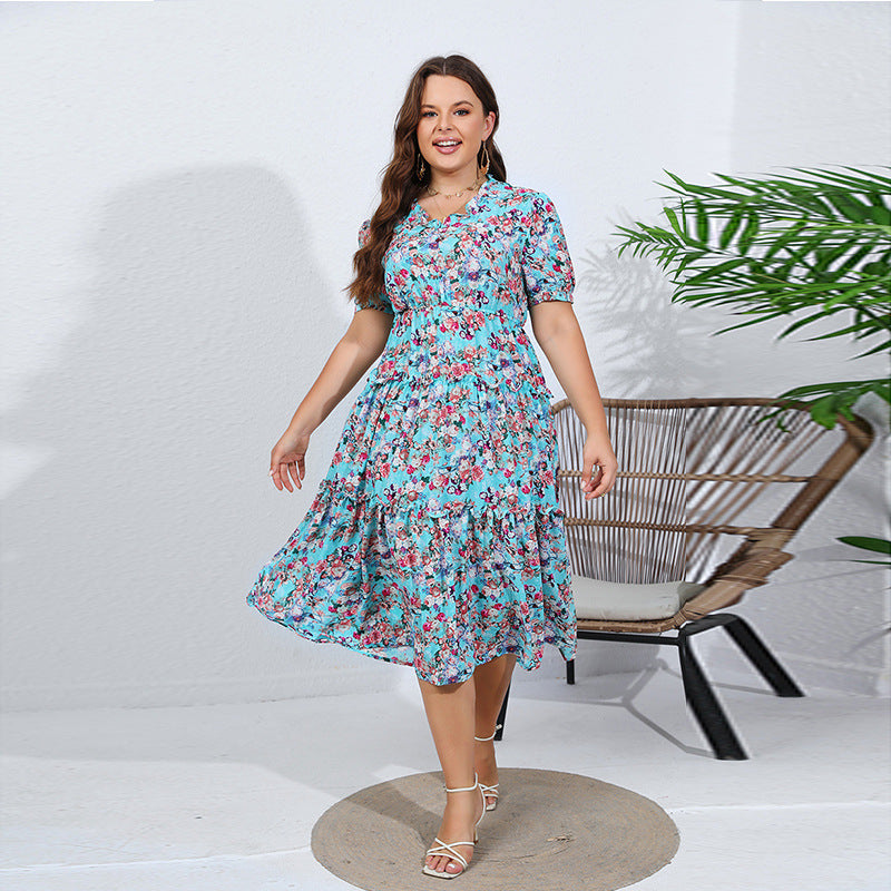 Plus Size Chiffon Dress Ruffle V Neck Elastic Waist Floral Midi Dress