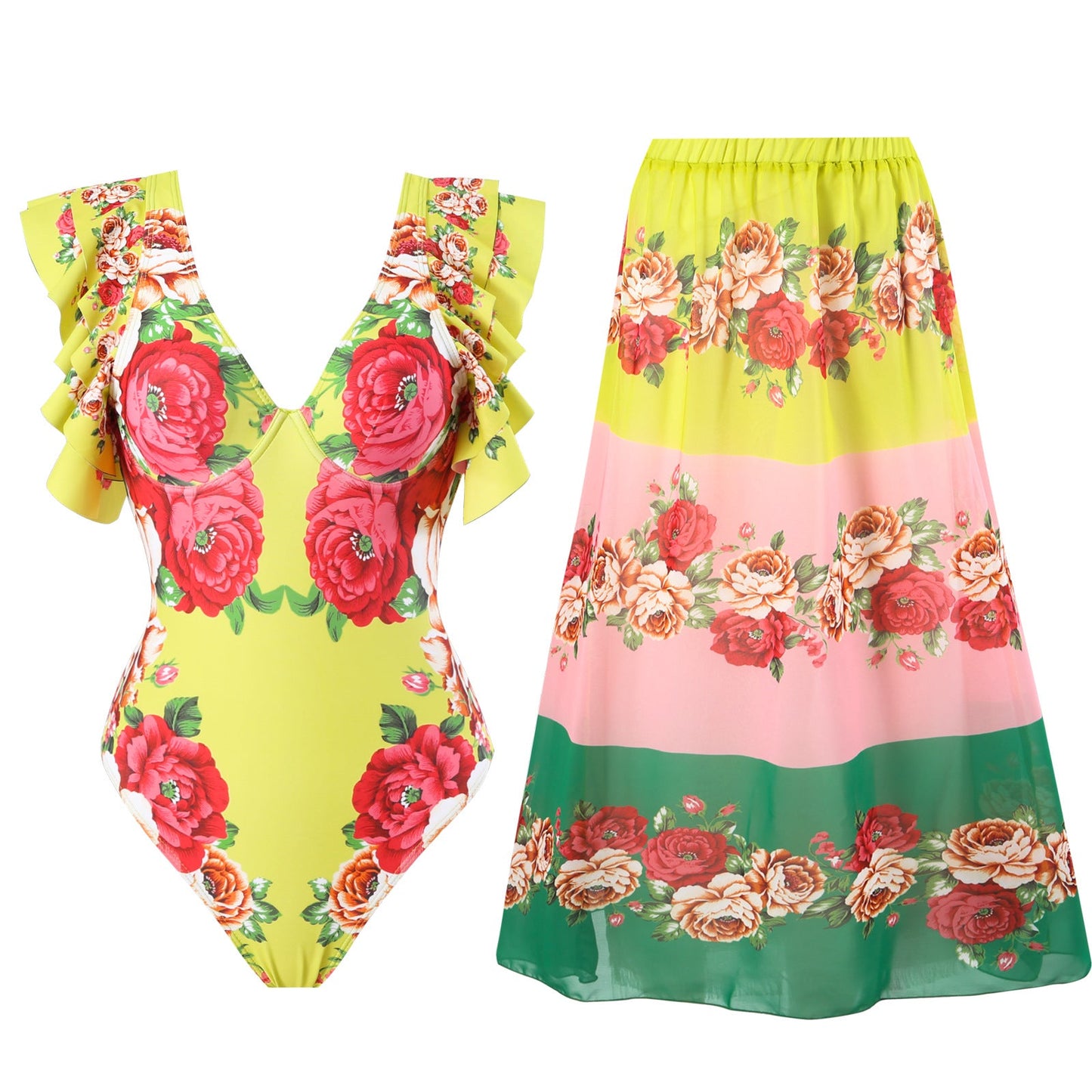 Spring Sexy Swimsuit Women Conservative Warm Printed Swimsuit Wrap Skirt Set