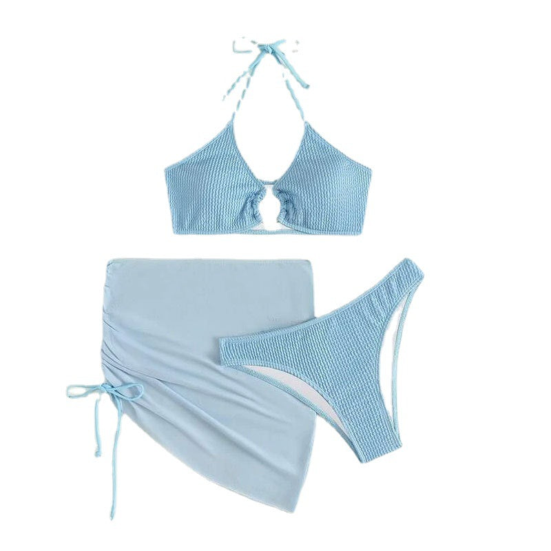 Spring Summer Women Swimsuit Slim Solid Color Sexy Halter Three Piece Set