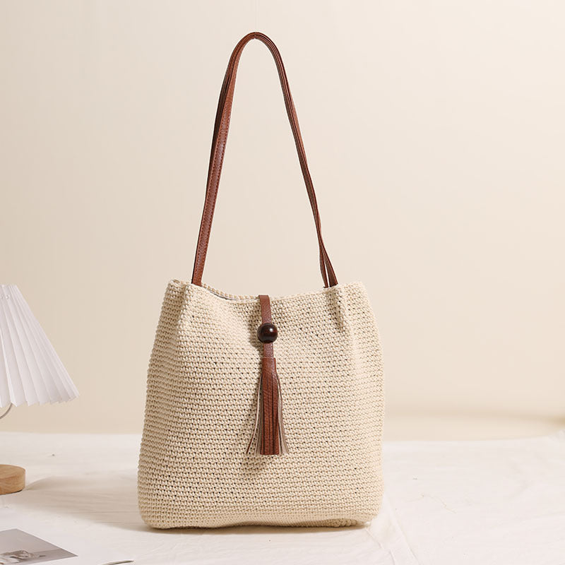 Wooden Bead Tassel Shoulder Cotton Thread Woven Bag Pleated Straw Bag Vacation Beach Bag Women Bag
