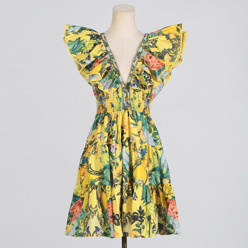 Brand Design Dress Flying Sleeves Printed Ruffled Aline Short Dress for Women