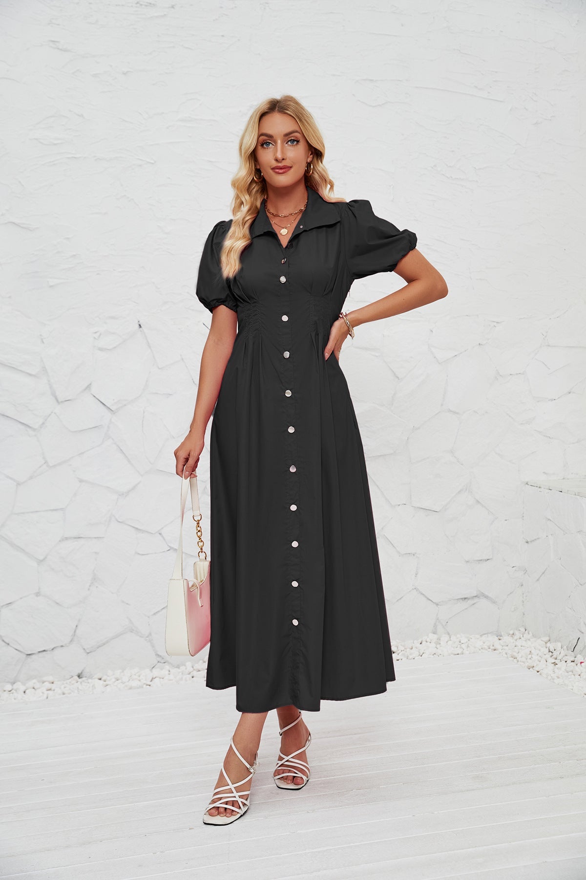 Summer Solid Color Elegant Slim High Waist Tight Waist Button Mid Length Dress Women