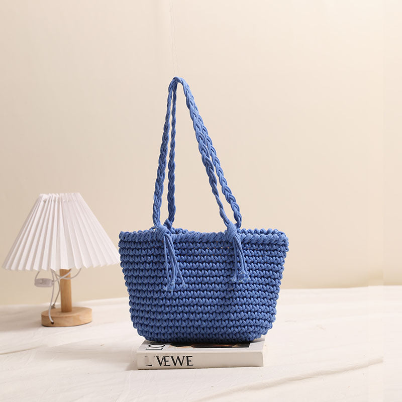 Tassel Shoulder Cotton Thread Woven Bag Solid Color Straw Bag Vacation Beach Bag Casual Women Bag