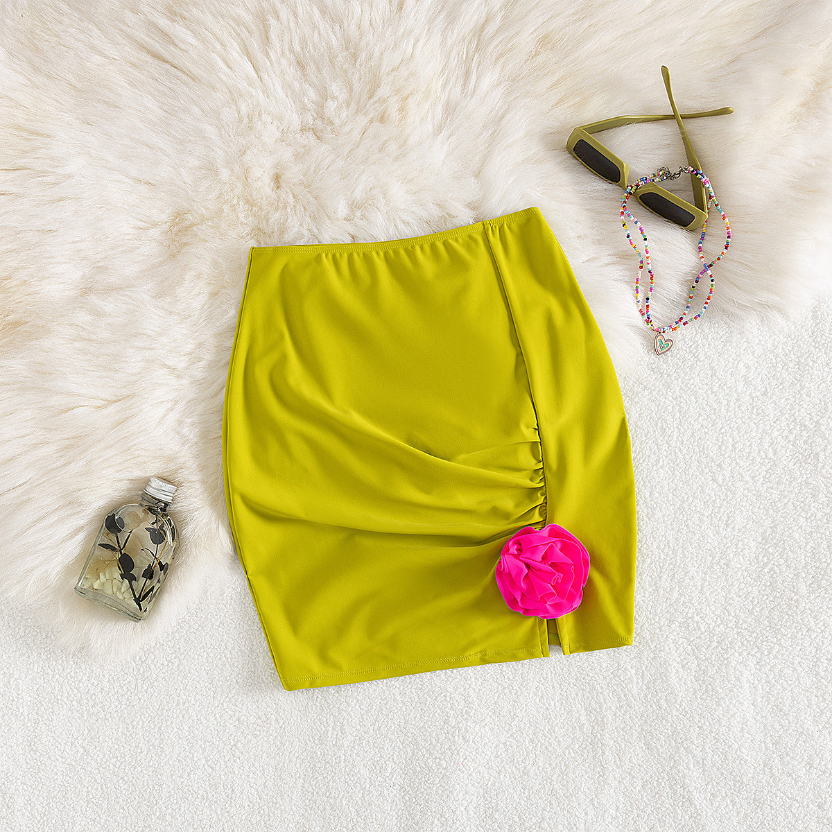 Solid Color One Piece Swimsuit Women One Shoulder Tube Top Hollow Out Cutout out Skirt Hip Wrapped Short Skirt Two Piece Sets