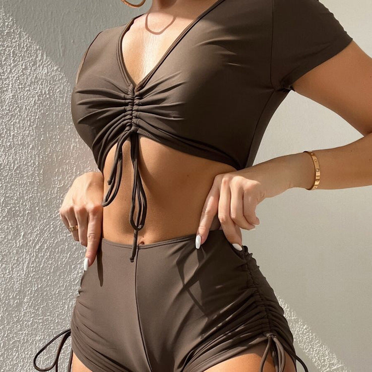 Drawstring V neck Short Sleeve Split Swimsuit Women Conservative Beach Bikini Spring Swimsuit