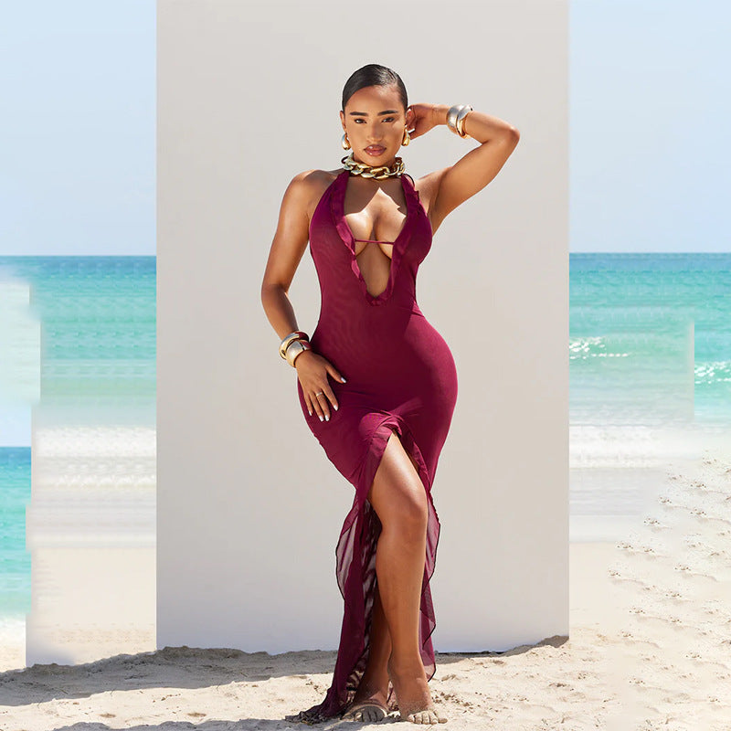 Summer Solid Color Sleeveless Halter Irregular Asymmetric Sexy Lace Up Women Dress