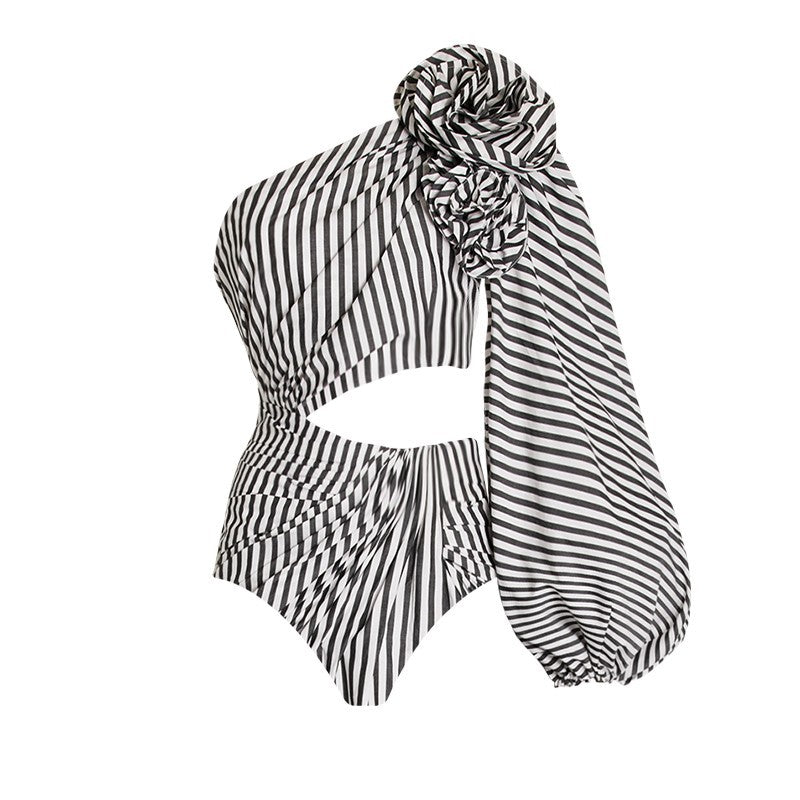 Sexy One Piece Swimsuit Women Pleated Ruffled Striped Swimsuit Bikini Mesh Maxi Dress