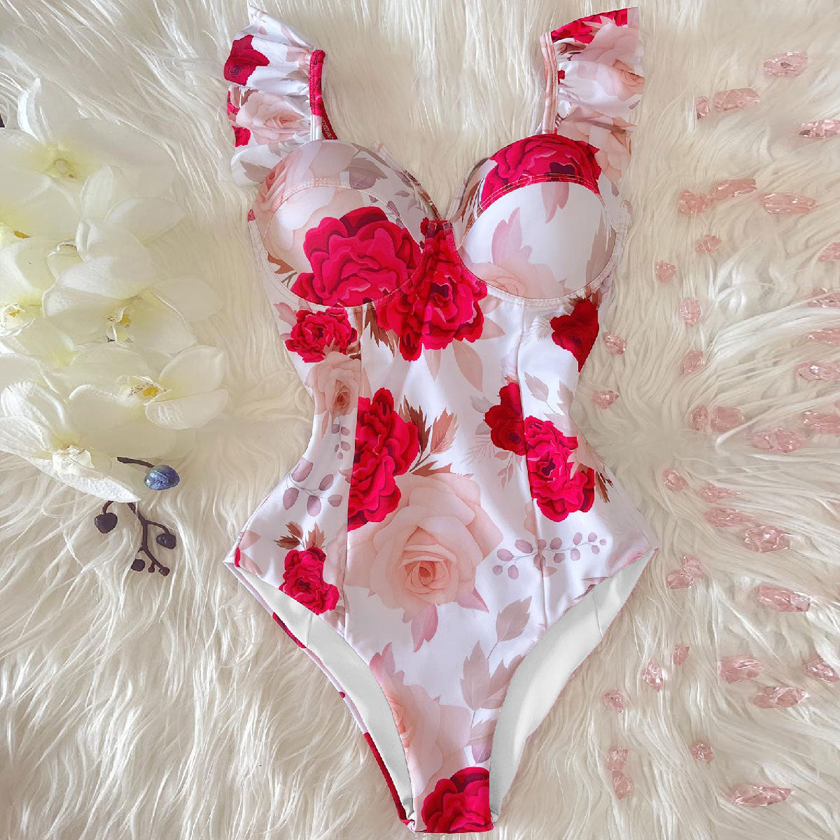 Fresh Floral Print One Piece Swimsuit Women Hard Bag One Piece Swimsuit