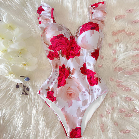 Fresh Floral Print One Piece Swimsuit Women Hard Bag One Piece Swimsuit