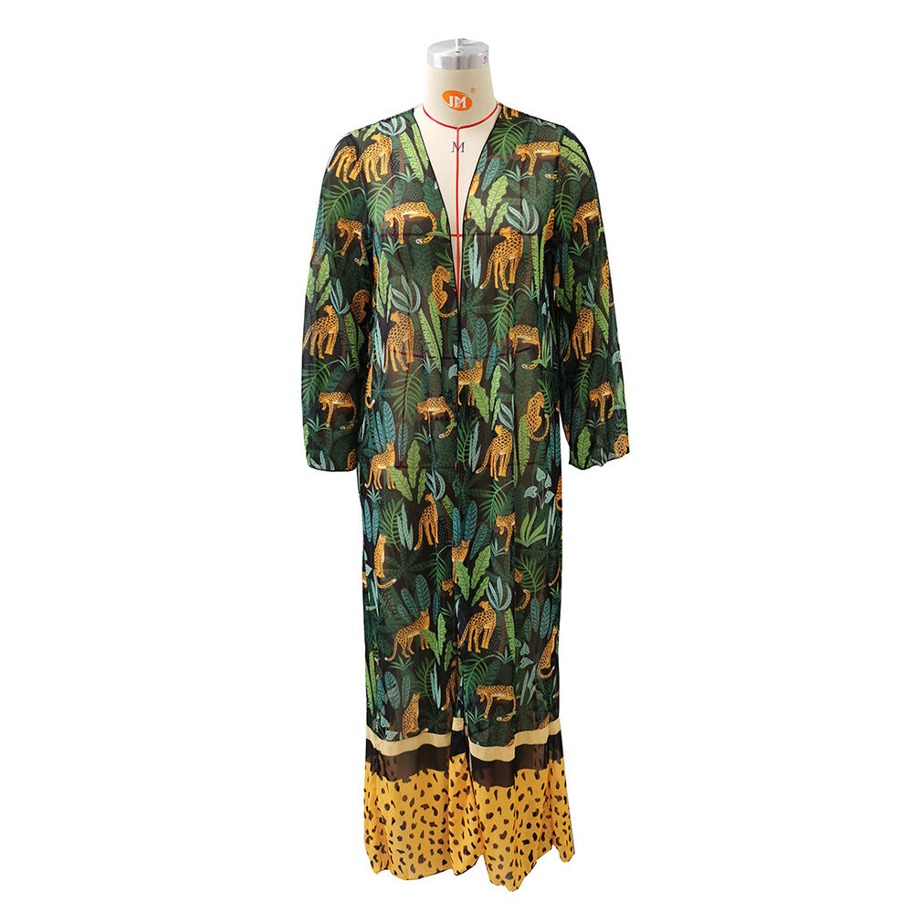 Stretch Mesh Long Sleeve Beach Cover Up Leopard Print Veils Beach Swimsuit Cardigan Long