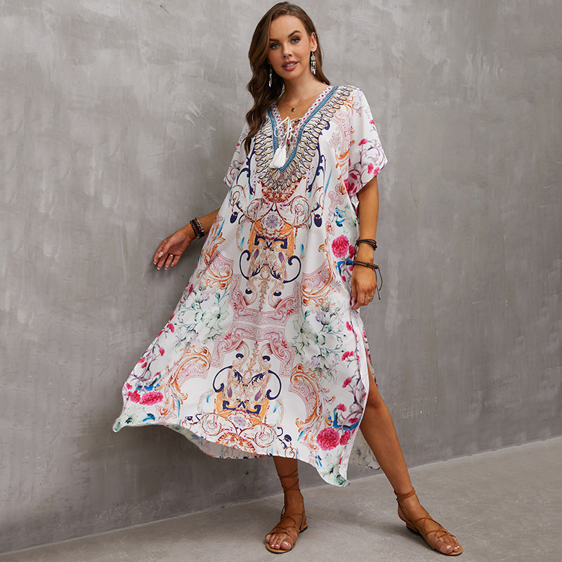 Rope Positioning Maxi Dress Loose Robe Seaside Vacation Beach Dress Bikini Swimsuit Blouse Women