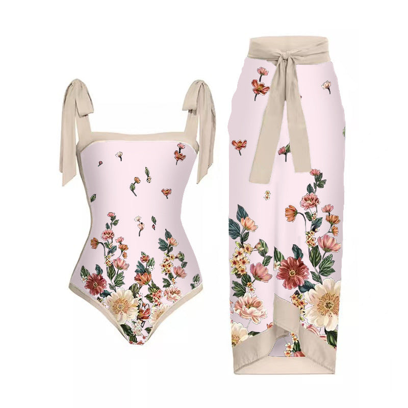 Mesh Two Piece French Swimsuit Digital Printing Sheath Dress Swimsuit for Women