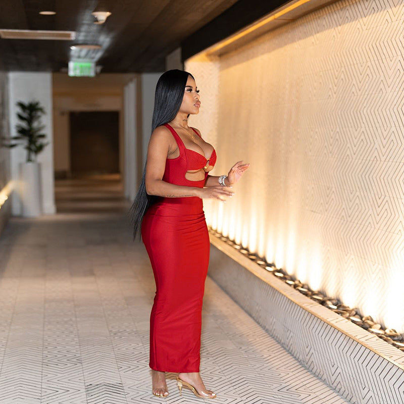 Fall Women Clothing Sexy Solid Color Sling Waist Slim Backless Sexy Dress
