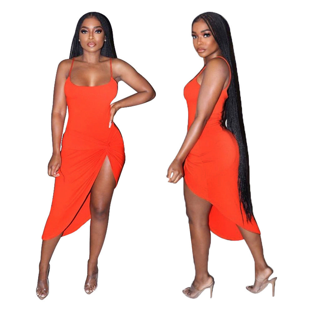 Dress Women Clothes -Selling Fashion Simple Solid Color Beveled Strap Dress