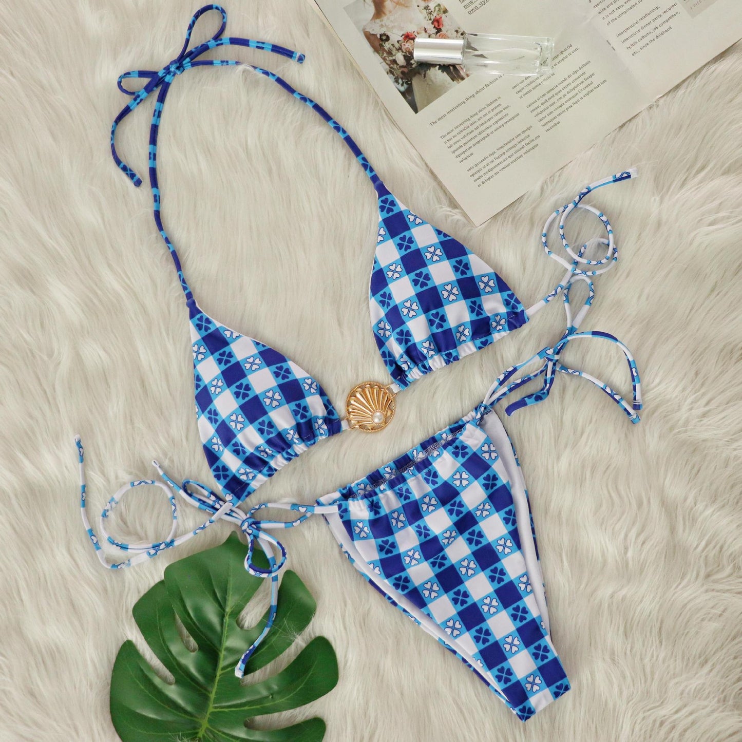 Bikini Sexy Plaid Printed Shell Pearl Swimsuit Bikini