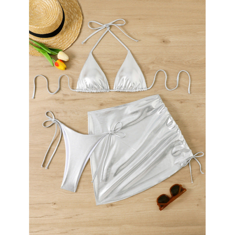 Swimwear Women Bronzing Three Piece Sexy Bikini Solid Color Metal Split Triangle Bag Beach Swimsuit