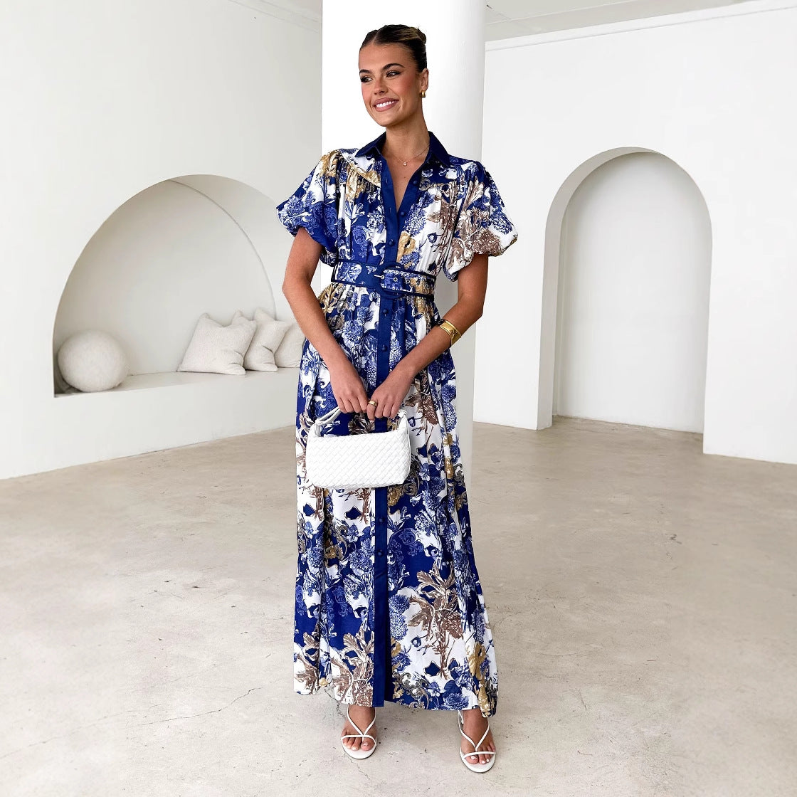 Stand Collar Ruffle Top High Waist Three Dimensional Mid Length Women