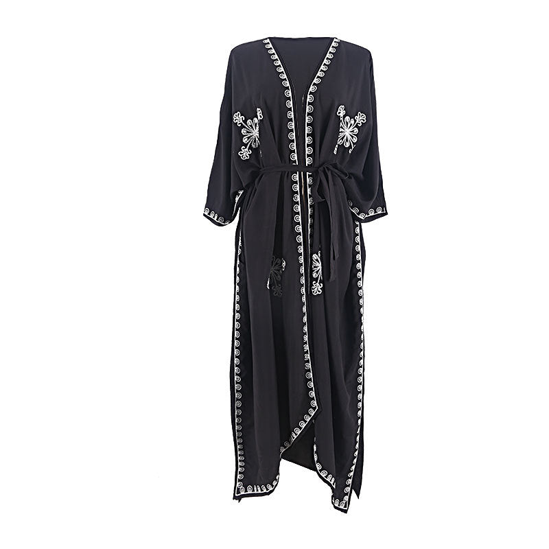 Rayon Embroidered Loose Long Cardigan Beach Sun Protection Coat Beach Cover Up Swimsuit Outwear Women