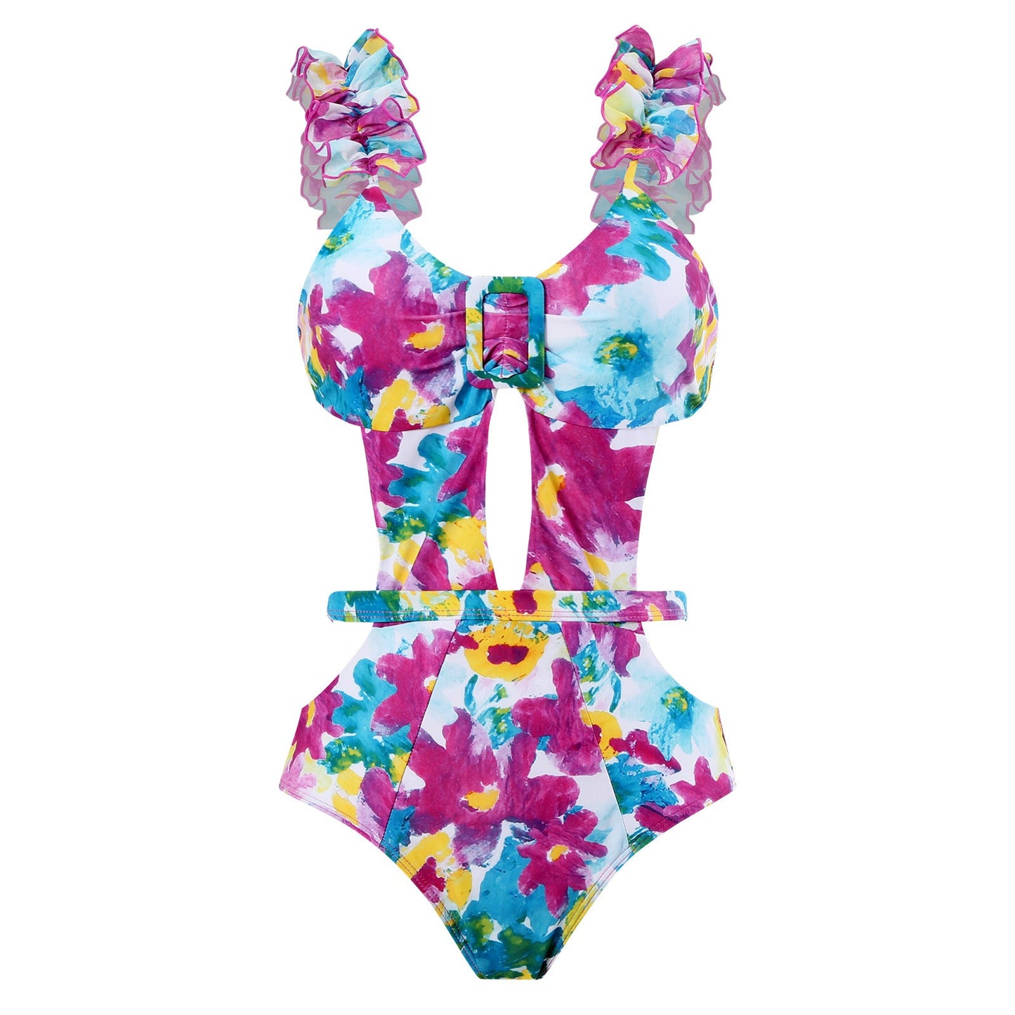 Siamese Conservative Swimsuit Printing Hollow Out Cutout Mesh Wrap Skirt Set Swimsuit