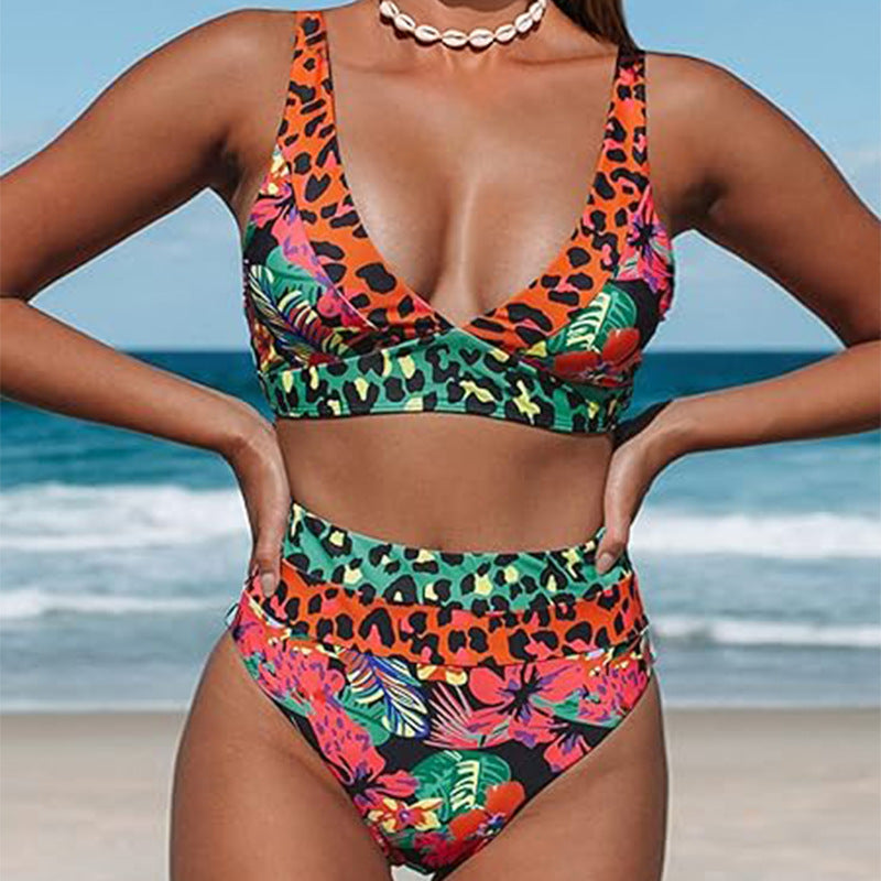 Printing Sexy Gather Backless Split Women Bikini Swimwear Swimsuit