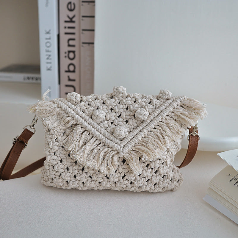 Beanie Crossbody Cotton Thread Woven Bag Women Tassel Bag Cover Shoulder Straw Bag Vacation Beach Bag