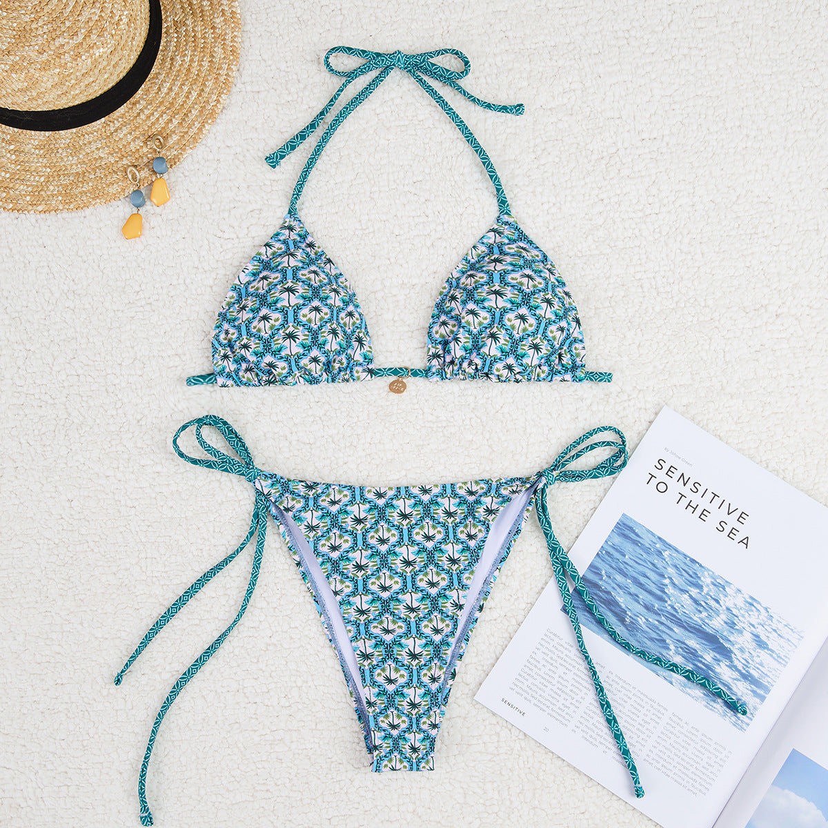 Bikini Printing Triangle Cup Lace Up Sexy Bikini Swimsuit Swimwear Women