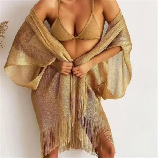 Beach Solid Color Sun Proof Tassel Knitting Beach Cover Up Sweater Shawl Cardigan