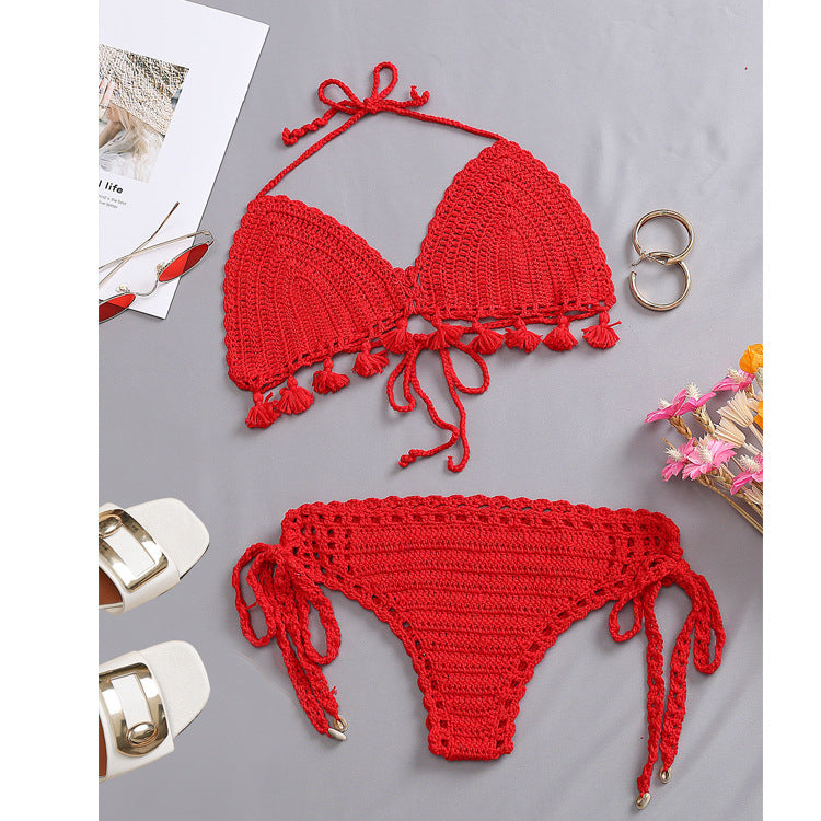 Beach Vacation Knitted Hand Crocheting Sexy Bikini Tassel Shell Strap Split Suit Multi-Color Optional Crochet hook