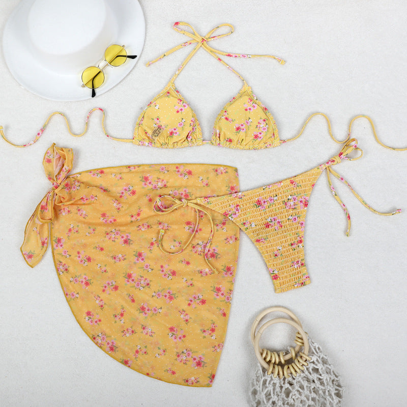 Printed Bikini Three Piece Gauze Skirt Split Sexy Vacation Bikini Swimsuit