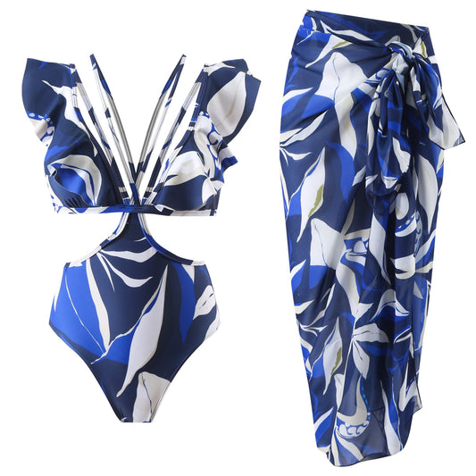 Popular Printing European French One Piece Women Swimwear Suit Covering Belly Thin Sexy Chiffon Dress