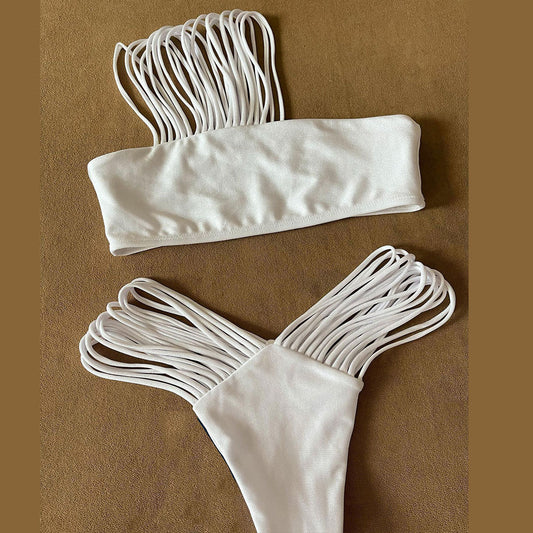 Women One Shoulder Tube Top Solid Color Split Swimsuit Sexy Bikini Bikini