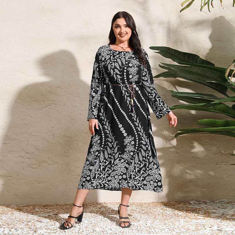 Plus Size Ethnic Loose Maxi Dress Cashew Printed Long Sleeve Dress