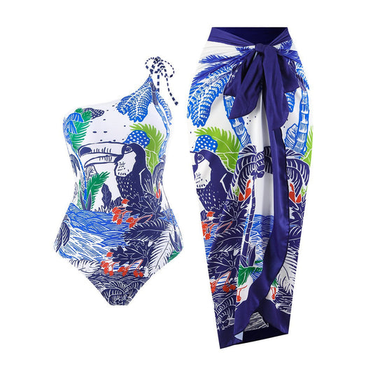 Lonkey Swimsuit Digital Printing Sheath Dress French Conservative Swimwear Women