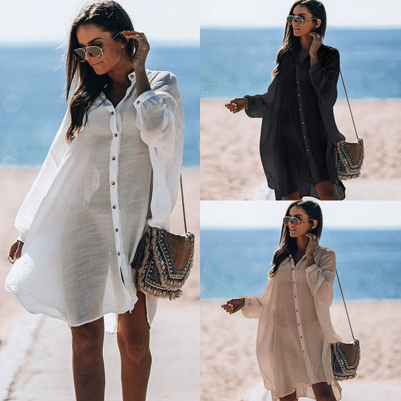 New Bamboo Shirt Single-Breasted Beach Sun Protection Shirt Seaside Casual Vacation Skirt