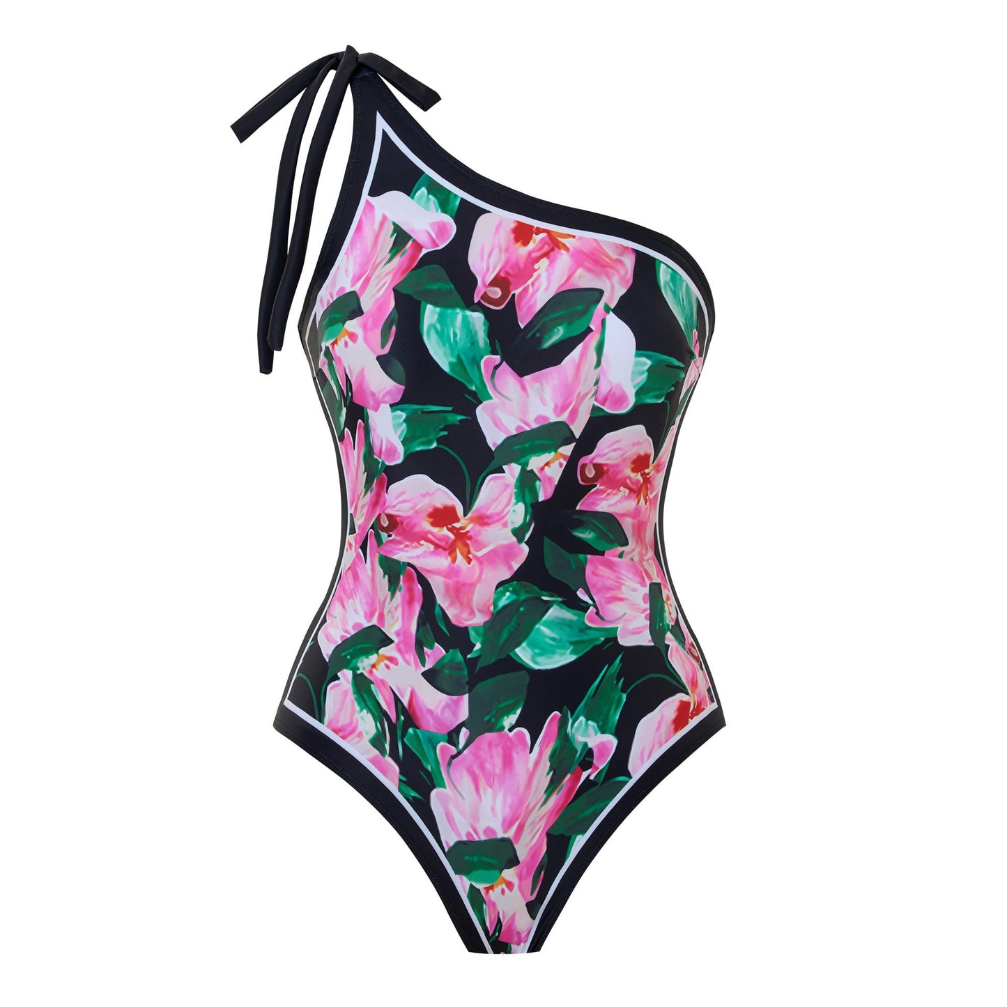 Sexy Swimsuit Women Siamese Triangle Shoulder Polyester Printed Lace up Swimsuit