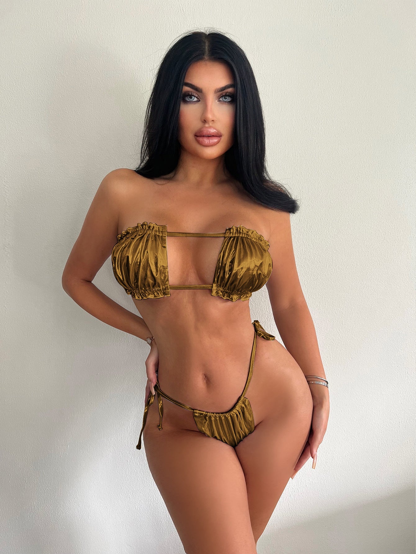 Bikini Bronzing Lace Pleated Tube Top Split Swimsuit Women Backless Lace up Bikini