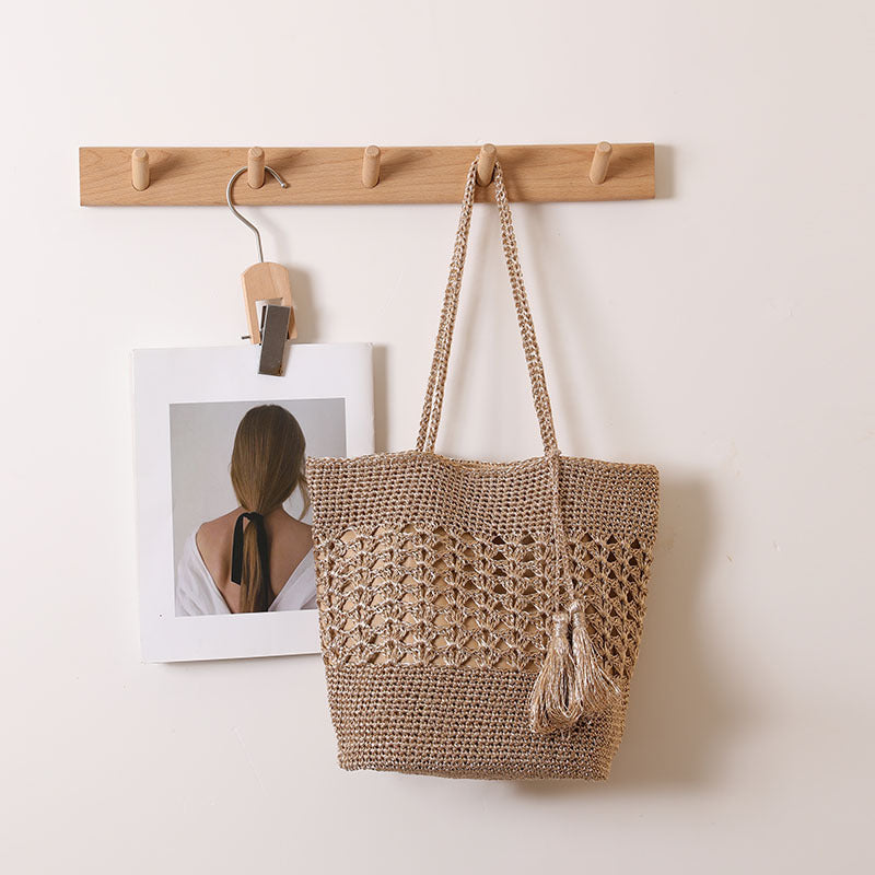 Large Capacity Hollow Out Cutout out Straw Bag All Matching Tassel Woven Bag Women Vacation Beach Bag Casual Shoulder Bag