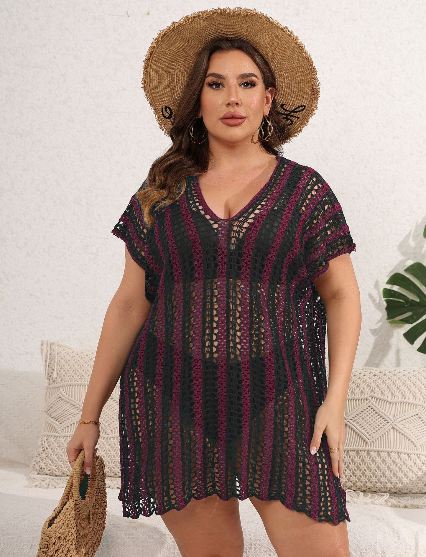 plus Size Women Dress Color Contrast Patchwork Hollow Out Cutout Woven Blouse Beach Bikini Cover up