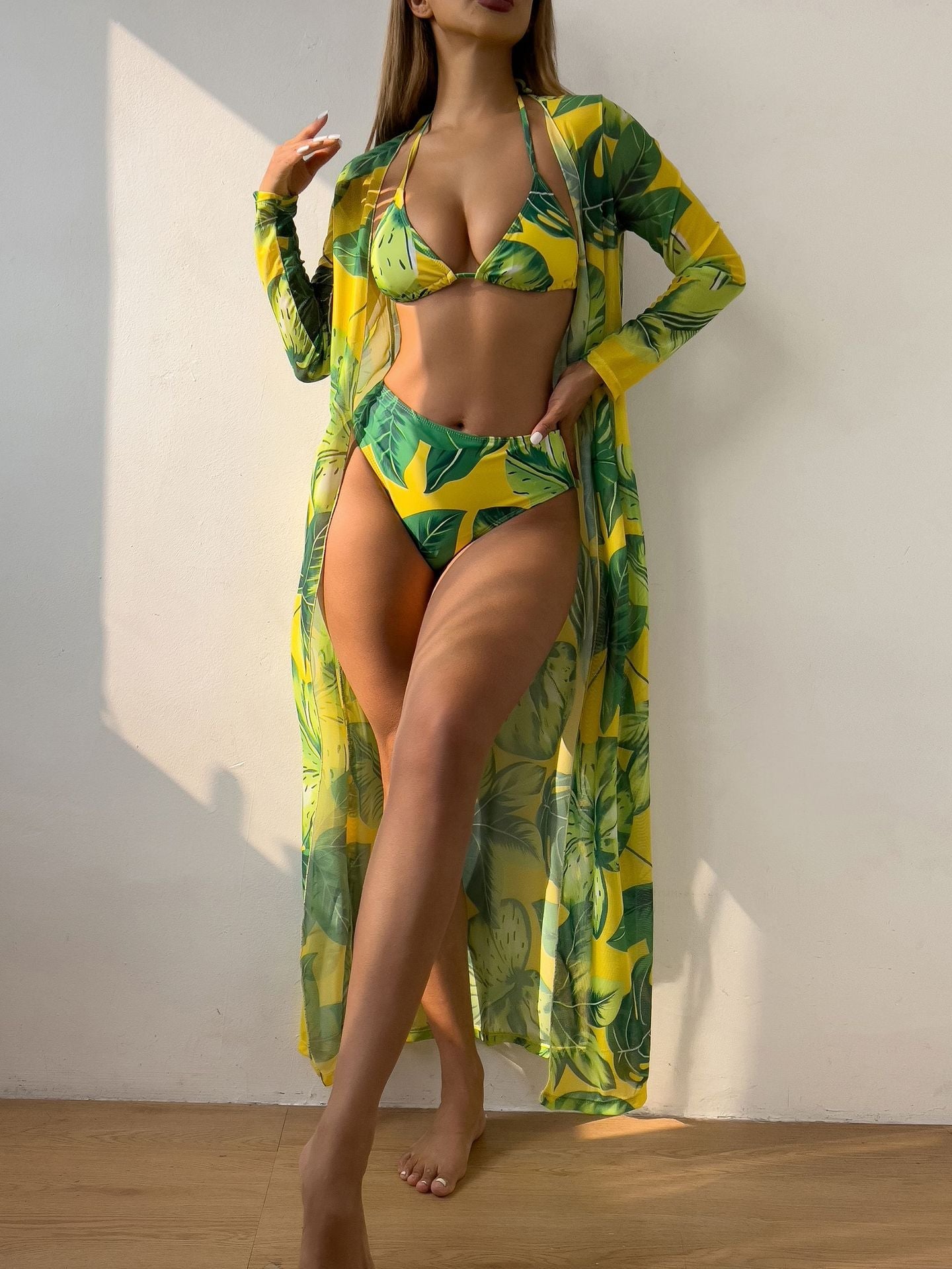 Printed Three Piece Set Mesh Shawl Bikini Swimsuit Swimwear
