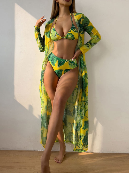 Printed Three Piece Set Mesh Shawl Bikini Swimsuit Swimwear