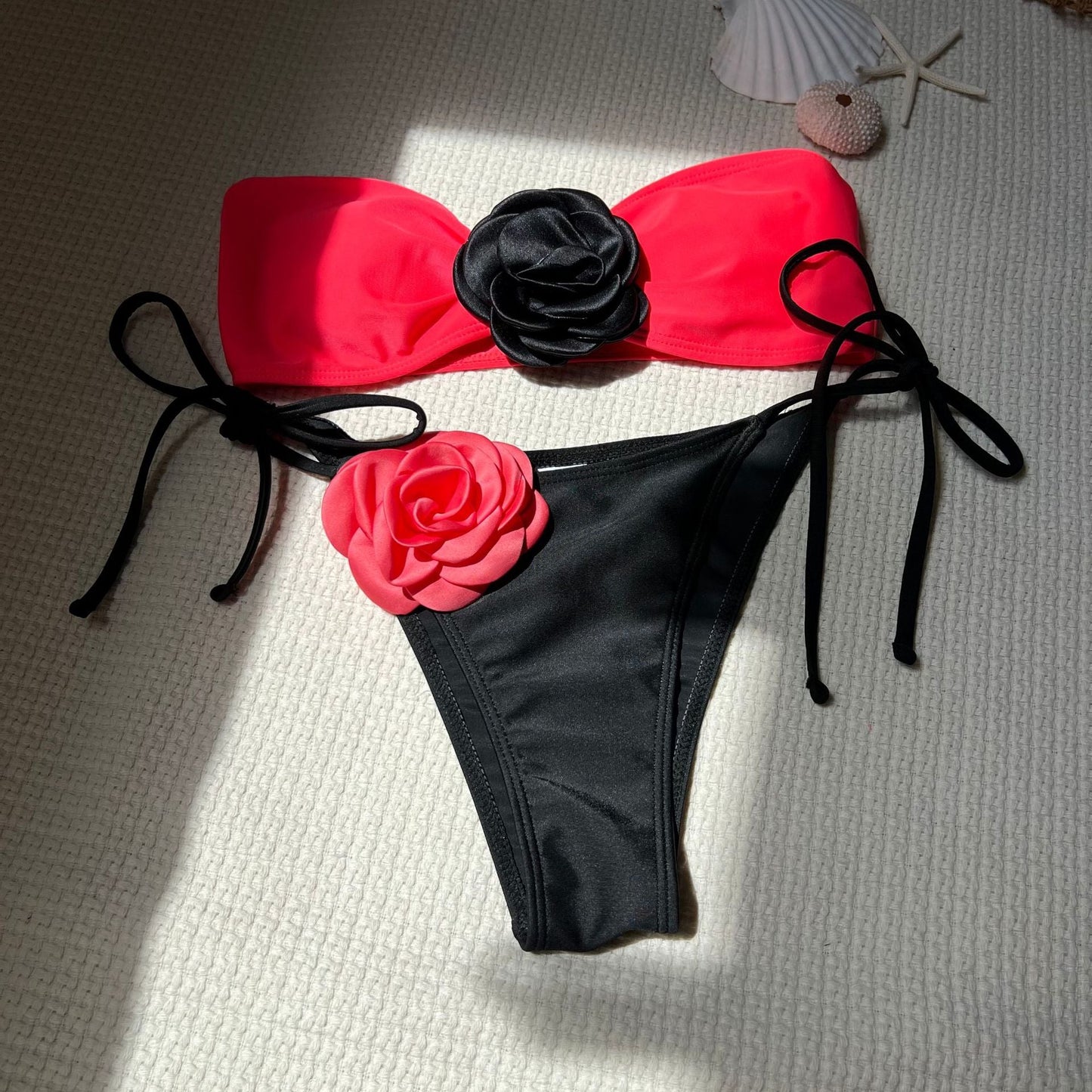 Color Matching Rose Tube Top Lace up Drawstring Strap Split Swimsuit Bikini