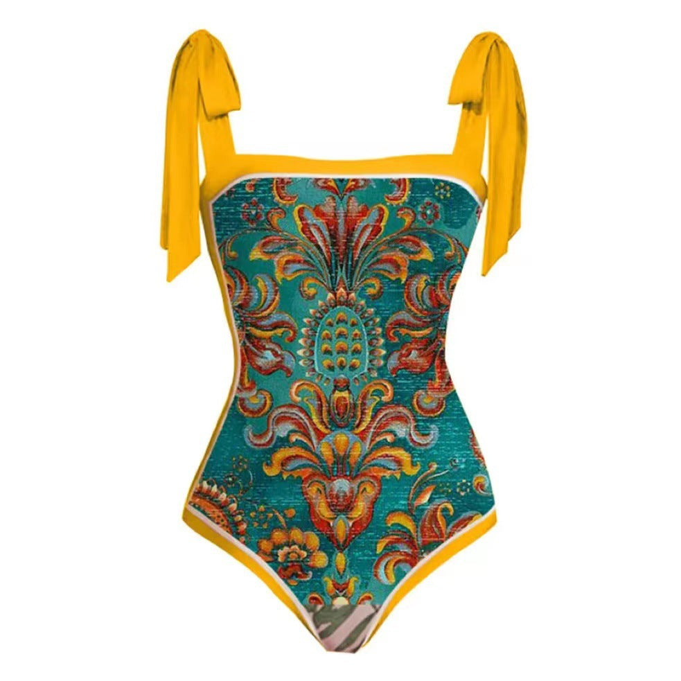Two Piece Swimsuit Vintage Print Flab Hiding Slimming Sun Protective Beach Dress Swimsuit