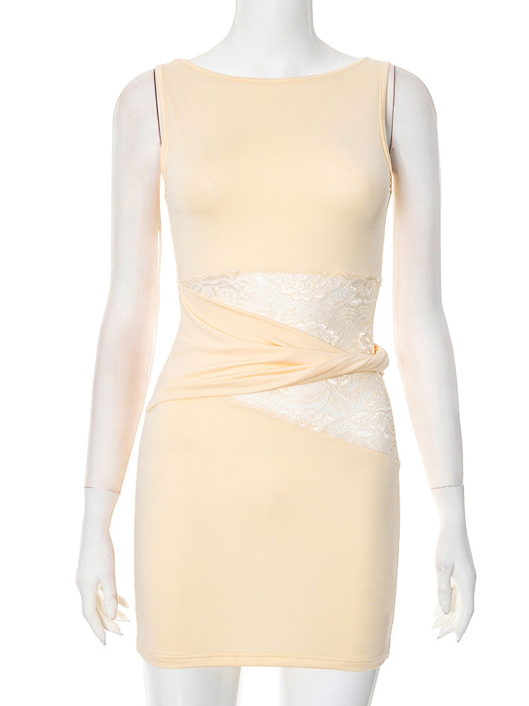 Women Clothing Slim Fit Sheath Sleeveless Turtleneck Lace Hollow Out Cutout Twist Ring Dress