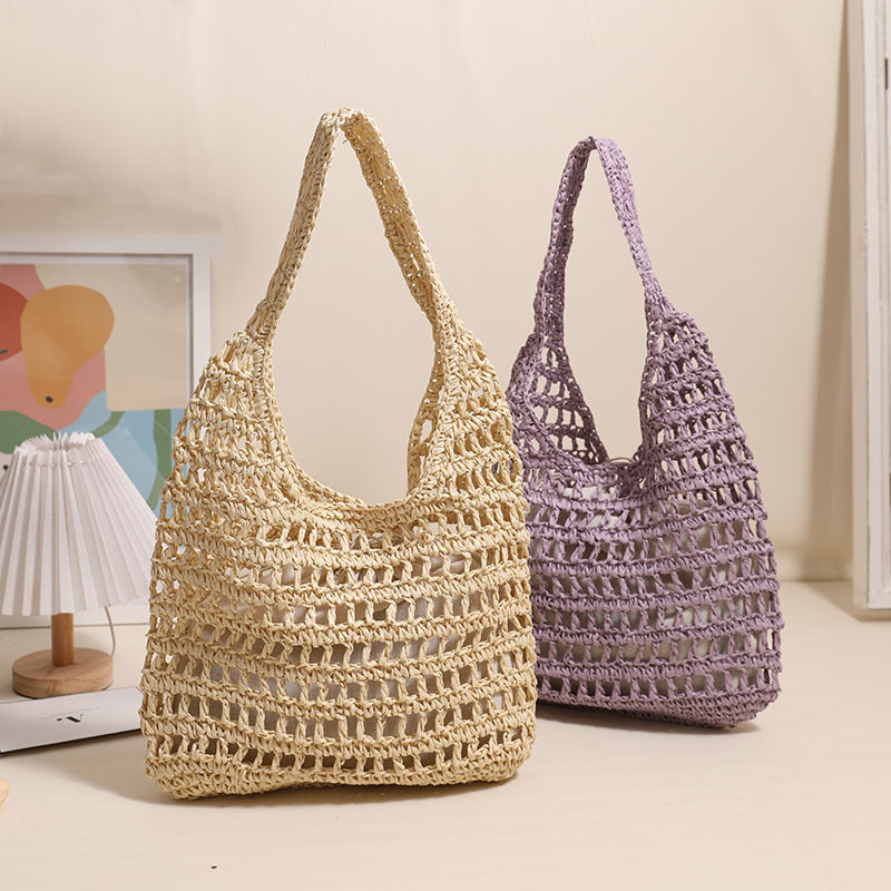 French Large Capacity Shoulder Straw Bag Hollow Out Cutout Tote Portable Straw Bag Woven Bag Seaside Vacation Beach Bag