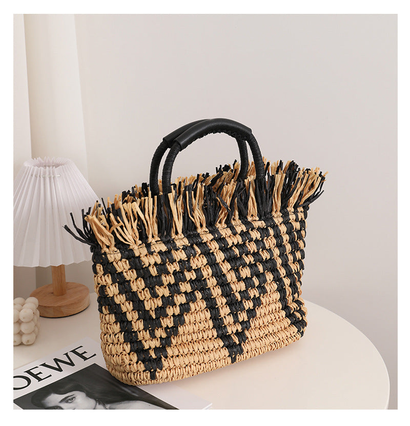 Color Matching Loose Edge Straw Bag Loose Edge Portable Color Matching Woven Bag Seaside Vacation Beach Bag Women Bag