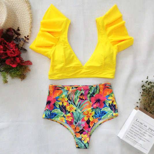 Floral Vintage High Waist Swimsuit Bikini Sexy Flounce Vest Deep V Plunge Plunge Swimsuit