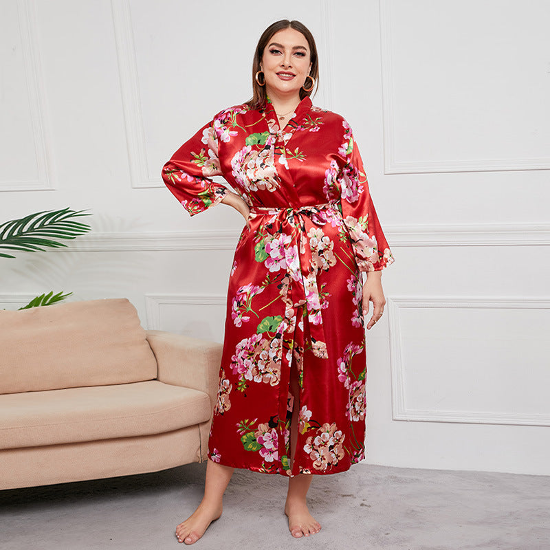 Plus Size Women Artificial Silk Satin Long Sleeved Pajamas Plump Girls Wearable Home