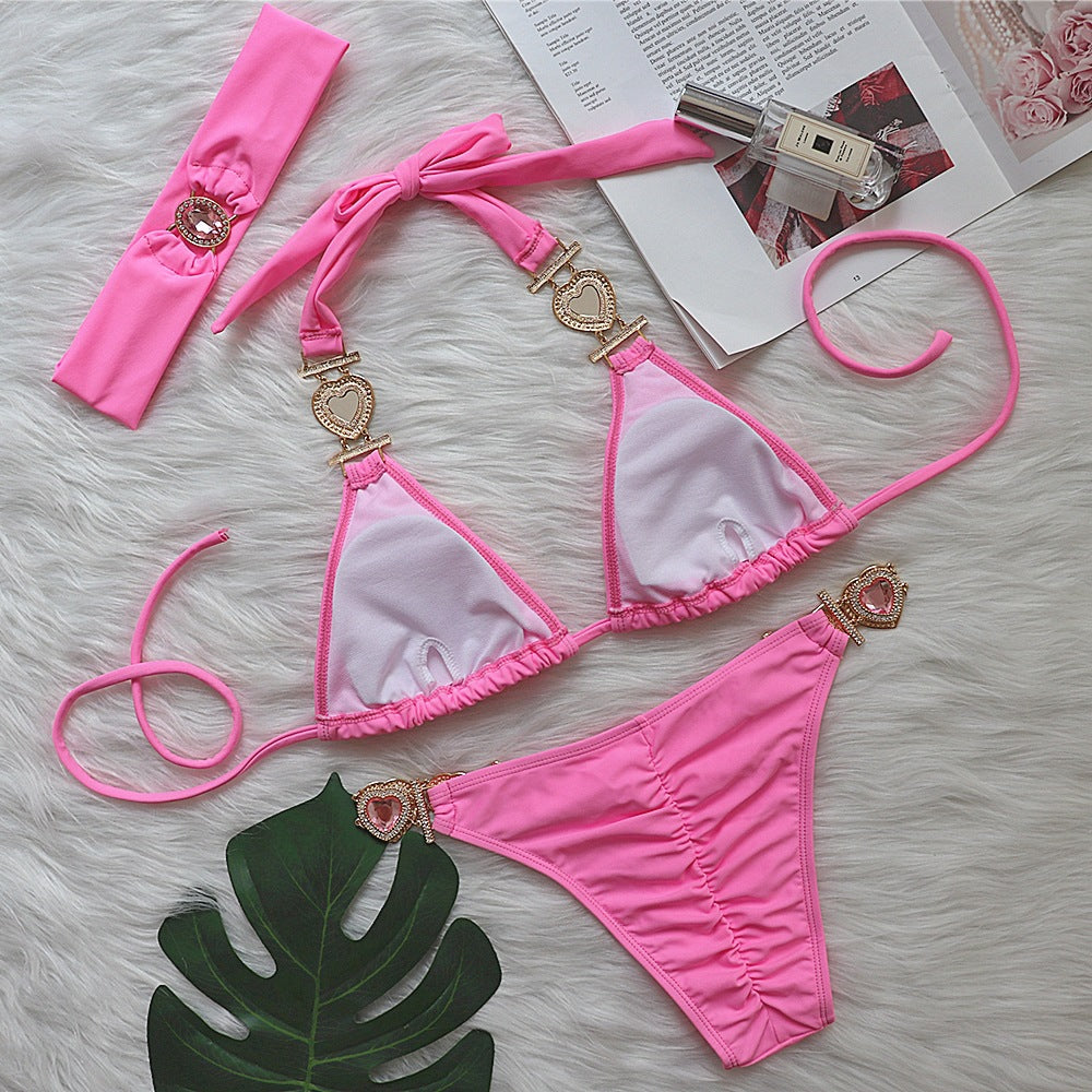 Sexy Luxury Crystal Diamond Bikini Solid Color Women Split Bandage Swimsuit Metal Accessories Swimsuit