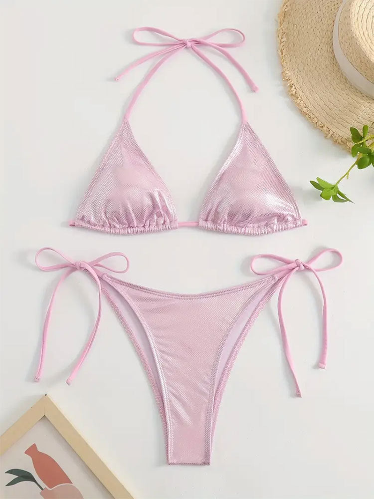 Solid Color Tied Sexy Split Swimsuit Women Three Point Beach Bikini Swimming Set