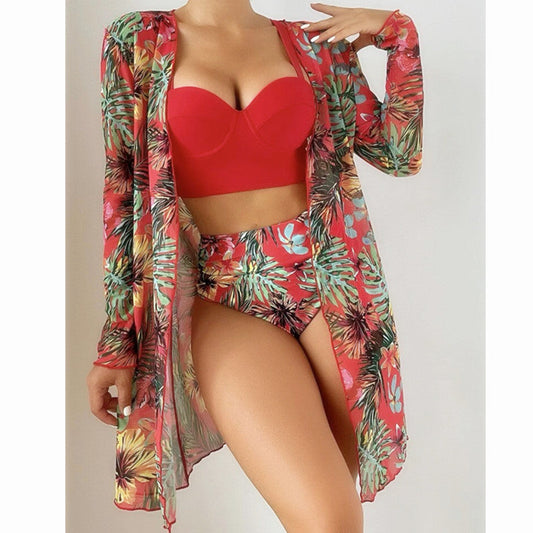 Sexy Mesh Bikini Three Piece Push up Split Printed Swimsuit for Women